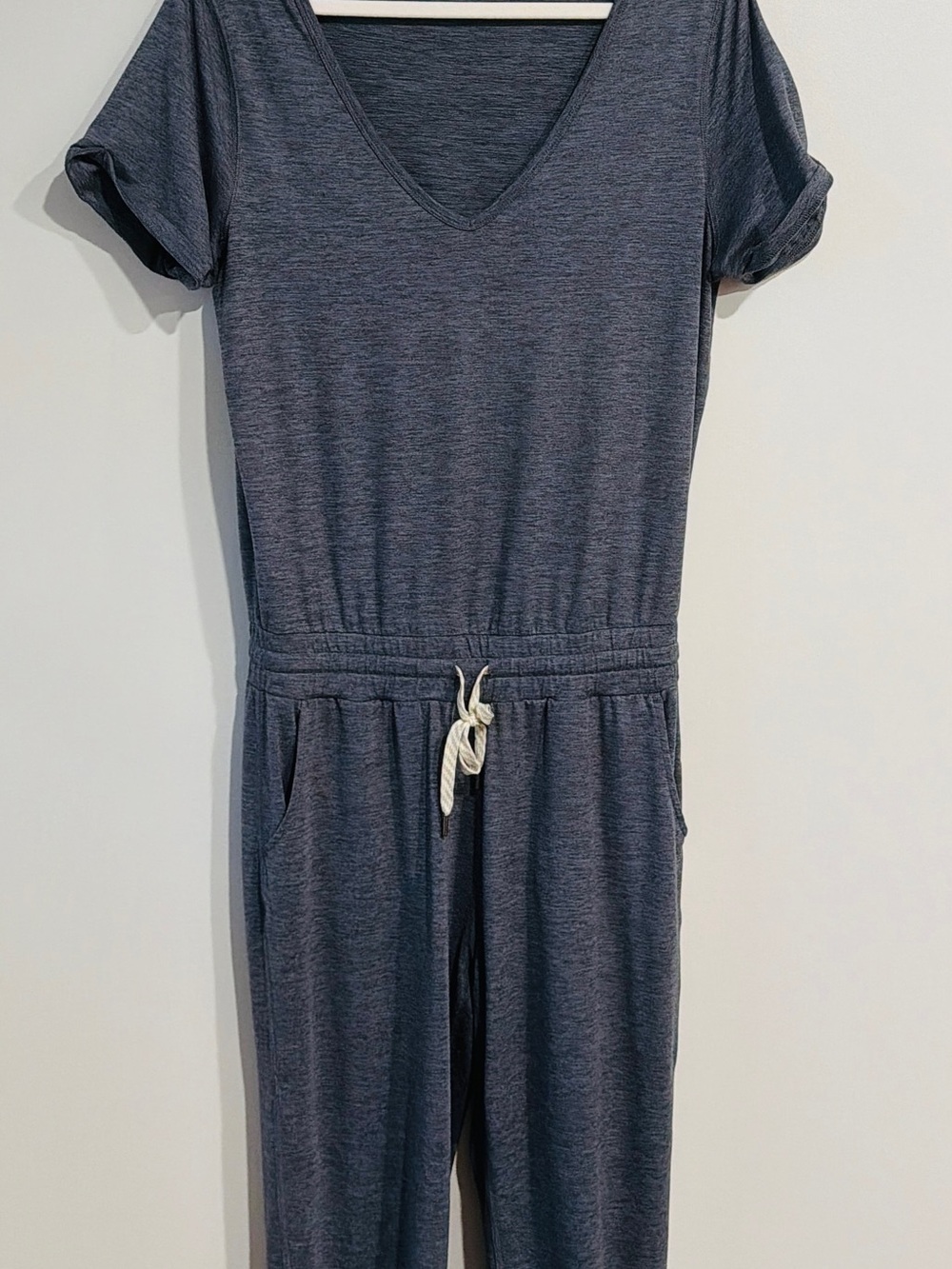 Vuori Heather Charcoal V-Neck Knit Jumpsuit with Drawstring